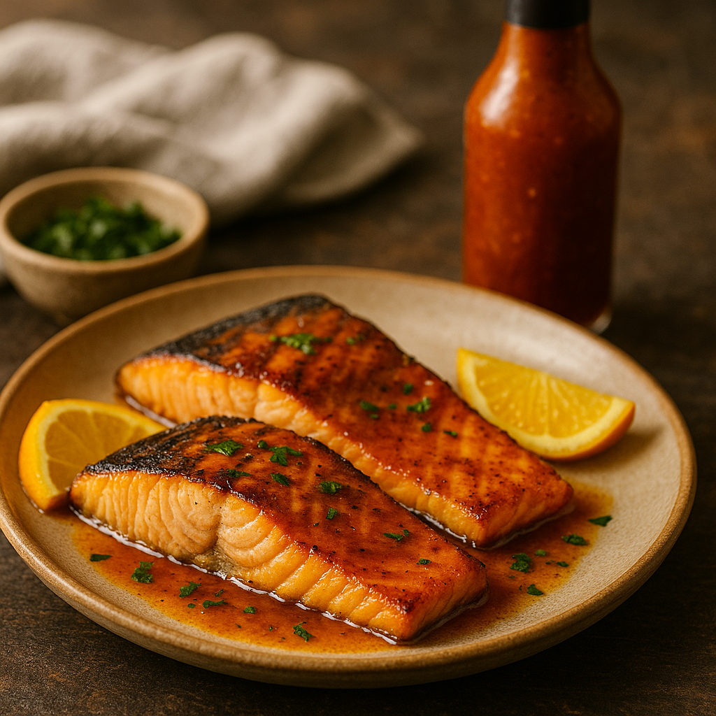 Grilled Salmon with Sweet Heat Citrus Glaze Crispy Skin
